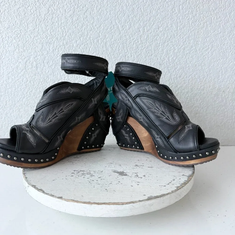 Lane Lexington Jet Black Leather Western Wedges Sandals Wood Heel Womens 7.5 - Picture 7 of 9